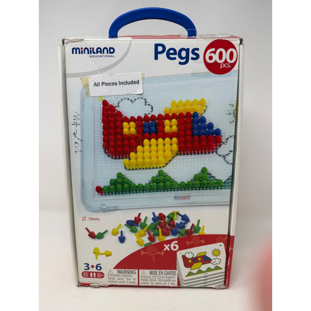 Miniland Educational Pegs 600 Pcs 10mm Mosaic Game Art Set with 6 Pattern Cards